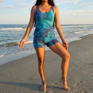 NWT Zerya Blue Teal Tie Dye Cotton Tank Top Women's Yoga Shirt Hand-Dyed